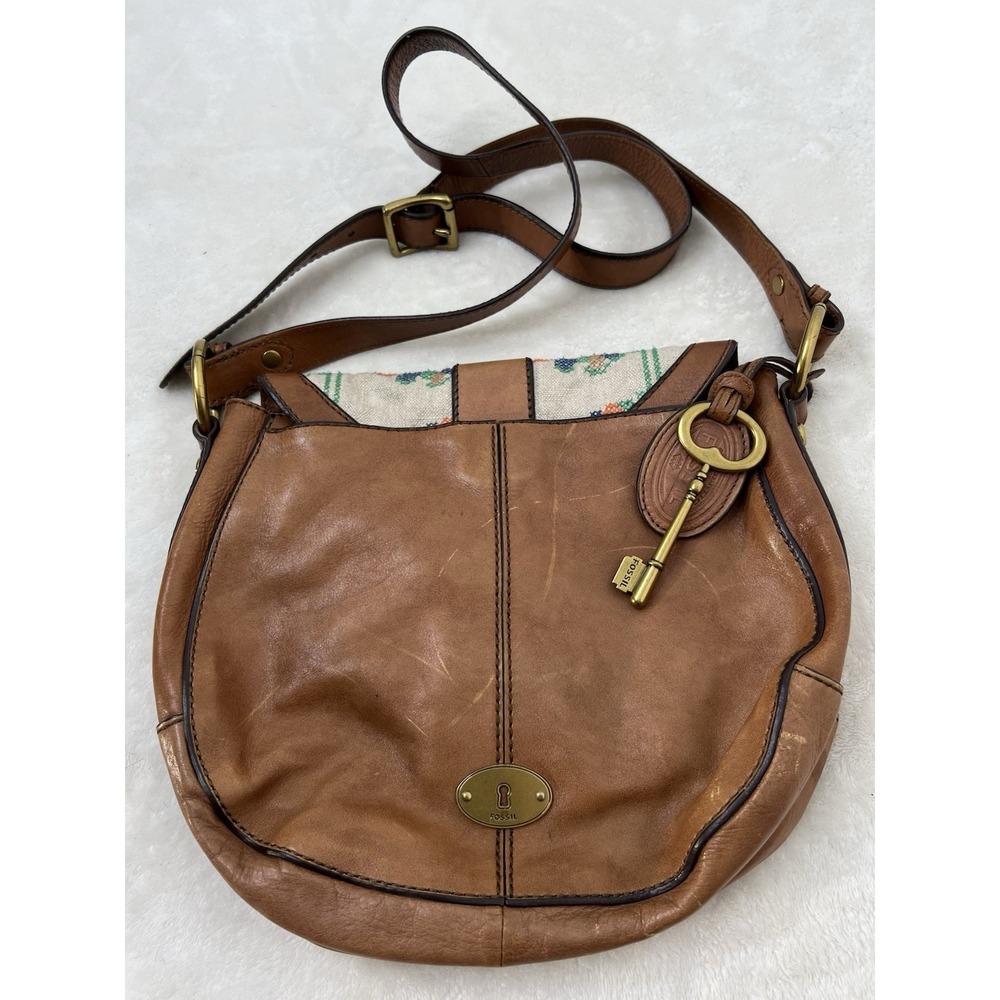 Vintage Fossil Brown Leather Canvas Single Stitch Saddle Bag Shoulder Bag EUC - Picture 8 of 16